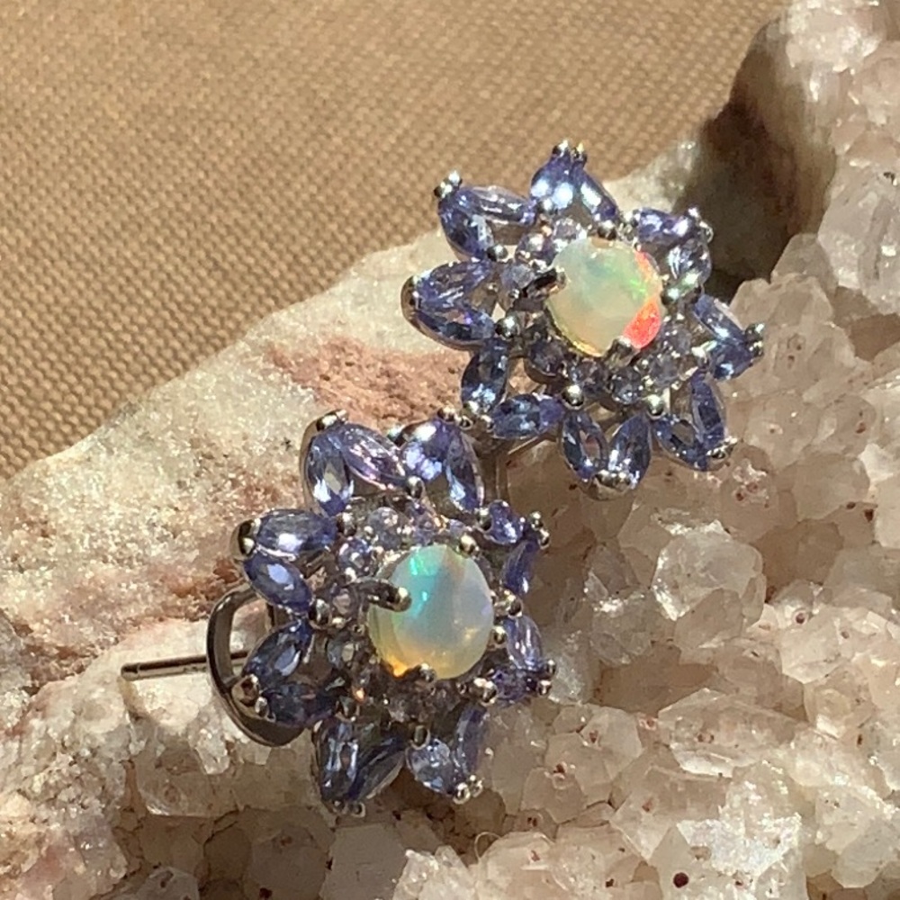 FIRE OPAL & TANZANITE 925 STERLING SILVER EARRINGS